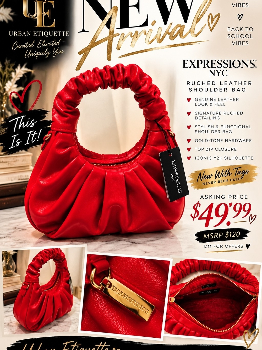 Expressions Red Ruched Shoulder Bag